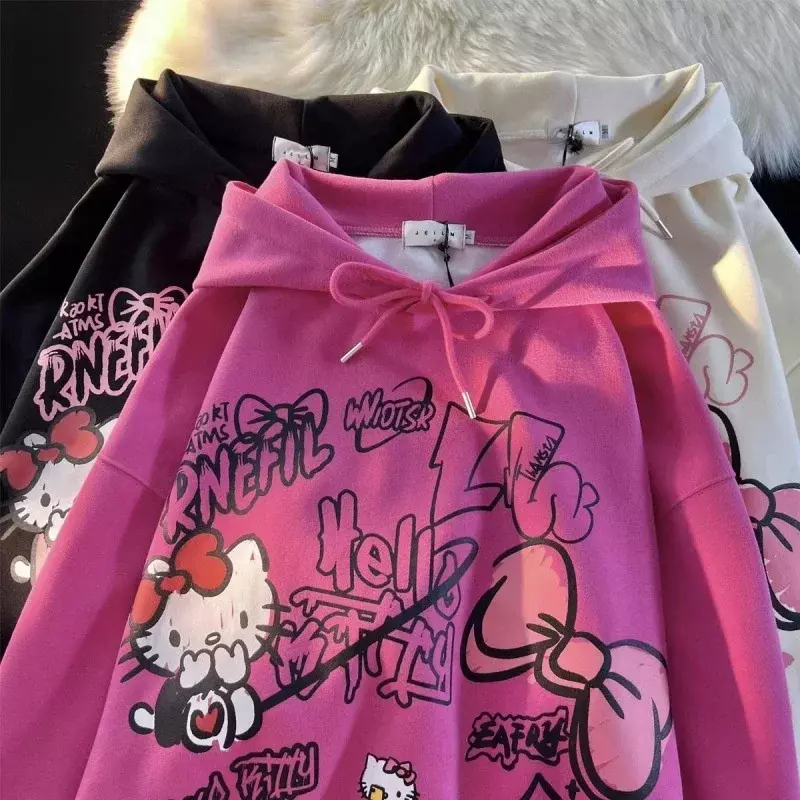 Sanrio Hello Kitty atasan motif baru bertudung Pria Wanita musim gugur musim dingin estetika longgar kaus Y2k lucu pullover Fashion pakaian