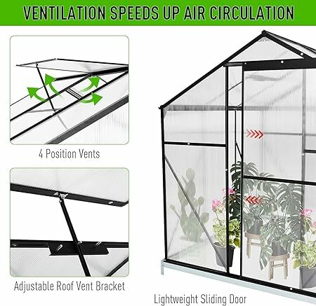 10x6 FT Polycarbonate Greenhouse Kit, Greenhouse for Outdoors with Sliding Door and Adjustable Vent Window, Aluminum Walk-in