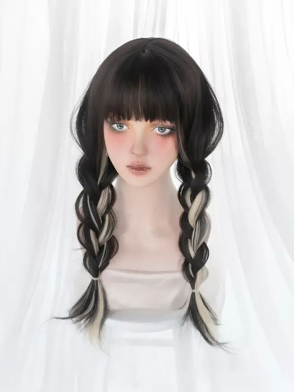 Wig sintetis warna pirang sorot hitam 24 inci dengan Wig rambut lurus alami panjang untuk penggunaan sehari-hari wanita tahan panas