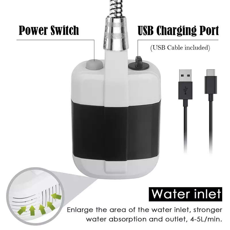 USB Rechargeable Camping Shower, Cabeça de chuveiro portátil ao ar livre, Bomba de banho, 3.7V, 4.2 ft, apto para praia, natação, caminhadas, caminhadas
