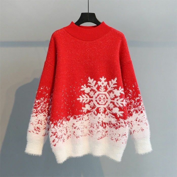 2023 Autumn Round Neck Long Sleeve Snowflake Christmas Knit New Year Women's Sweater