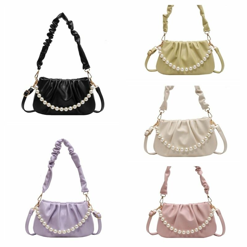 PU Leather Cloud Shoulder Bag Crossbody Bag Solid Color Pearl Chain Crossbody Bag Korean Style Messenger Bag Pleated Handbag
