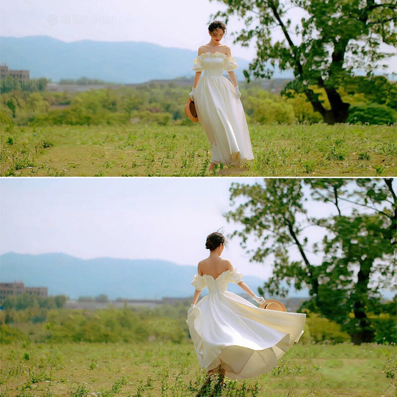 Vestido de novia de satén suave con volantes para mujer, vestido de tiro con cuello de barco, moda coreana dulce, novedad de 2024