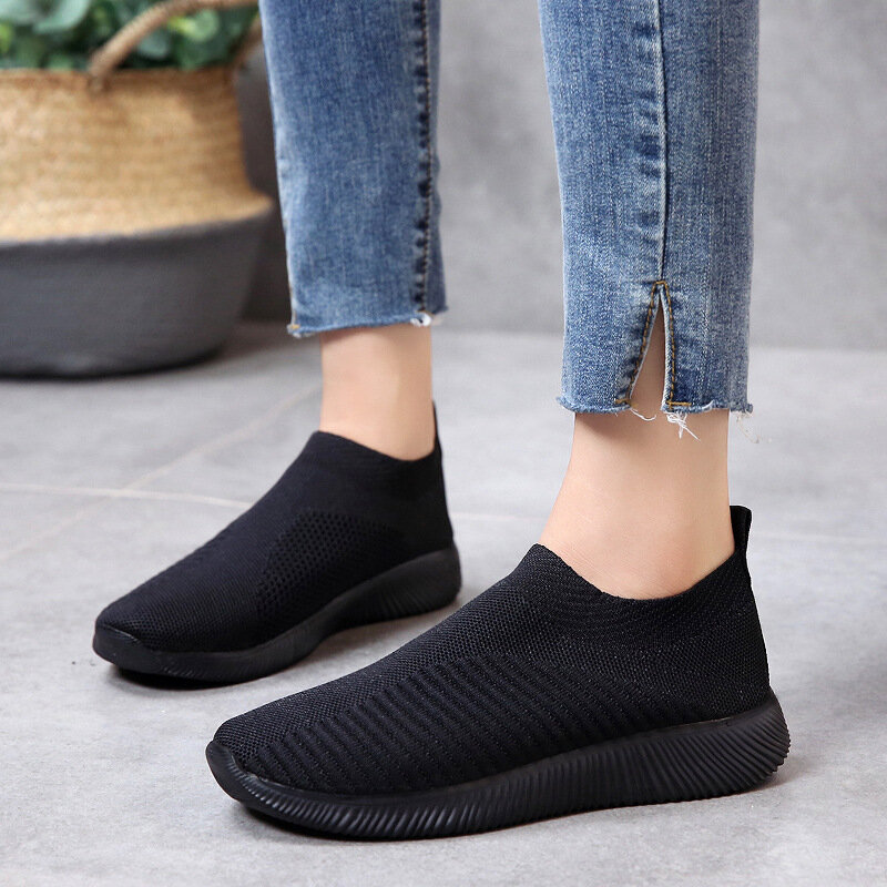 Comemore Female Knitted Vulcanized Shoes Casual Slip on Ladies Flat 2023 Walking Footwear White Loafers Women Sneakers Mesh Soft