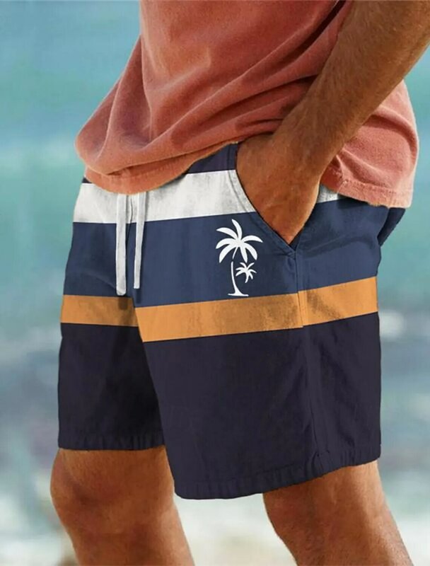 Celana pendek papan cetak 3D resor pria, pohon palem, celana pendek berenang, tali pinggang elastis, gaya Hawaii, liburan, Pantai