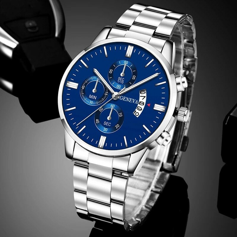 Роскошные модные мужские часы 2023, серебристые кварцевые наручные часы из нержавеющей стали, мужские деловые часы с календарем, мужские часы