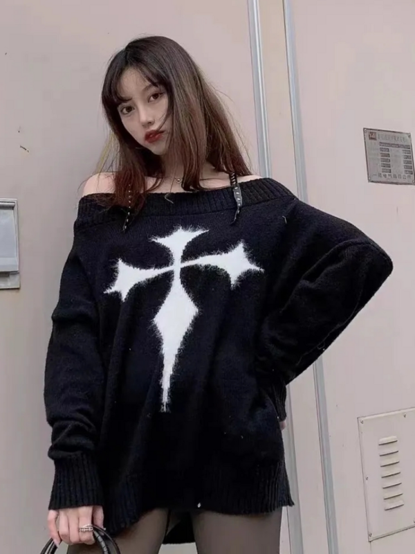 2022ฤดูใบไม้ร่วงแขนยาว Gothic Harajuku Punk เสื้อกันหนาวผู้หญิง Pullovers Y2k Goth Dark Grunge ปิดไหล่เสื้อถัก