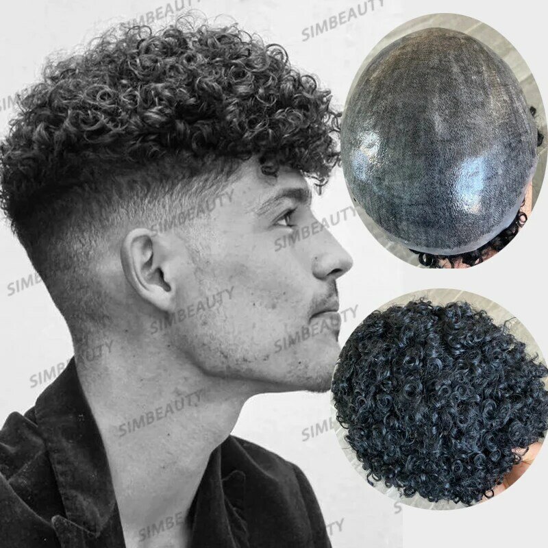Indian Curly Men Toupee Human Hair Super Thin 0.1mm Base Durable Full Skin Base Capillary Prosthesis Male Hair Pieces for Sale