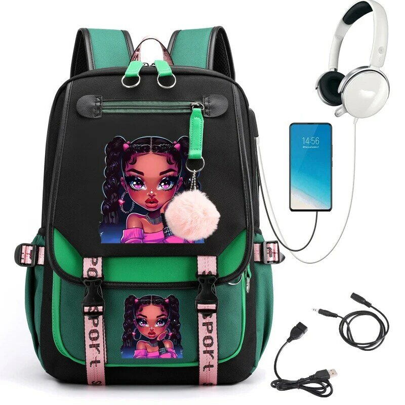 Sac à dos d'école imprimé pour filles noires, beau sac d'école de dessin animé mignon pour étudiants, cartable USB pour adolescents, sac à dos pour ordinateur portable Anime
