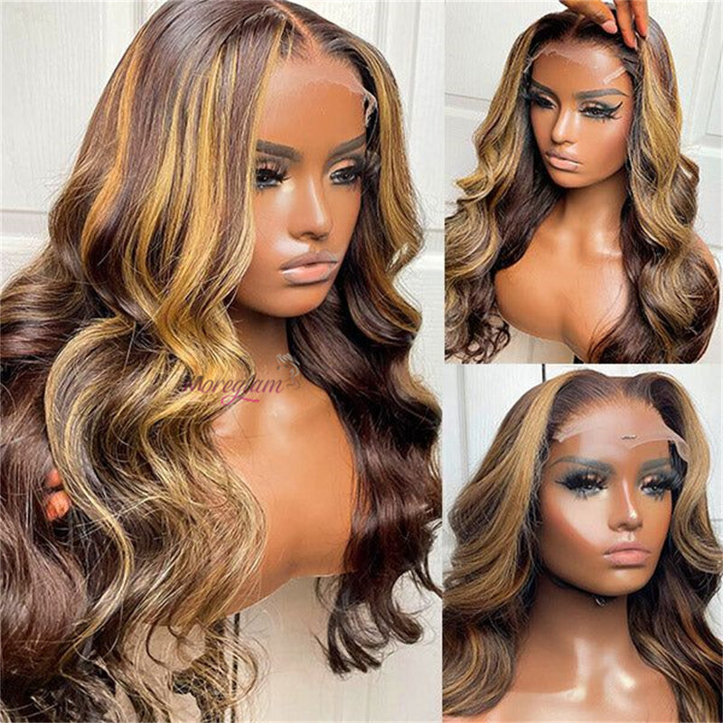 Honey Blonde Lace Front Perucas para Mulheres, Highlight Ombre, Body Wave, Transparente Lace Wig, Cabelo Humano, 4/27, 13x4