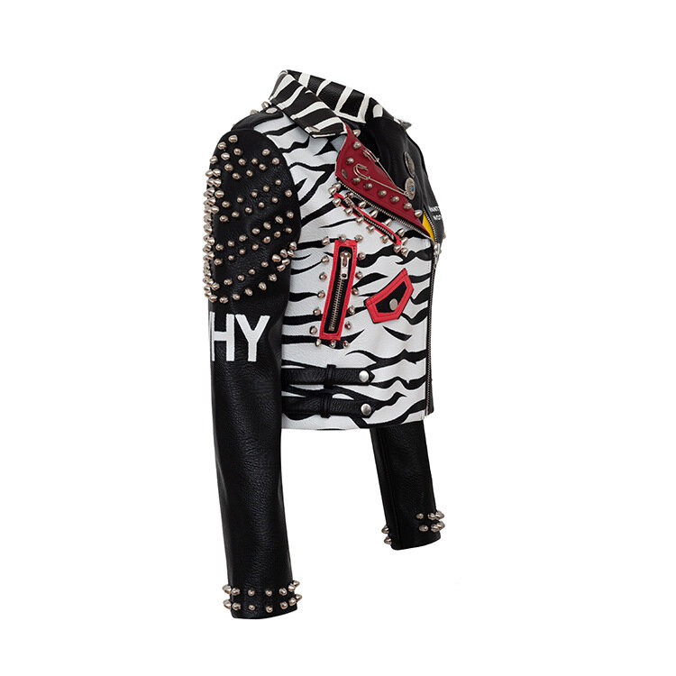 女性のヒョウ柄のバイカージャケット,リベット付きパンクロックジャケット,パーティーウェア,新しいファッション,2024