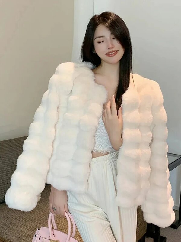 Женское короткое пальто из искусственного кроличьего меха, Повседневная теплая шуба бежевого цвета из искусственного меха норки, 2022