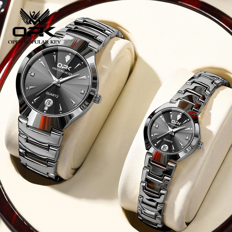 OPK jam tangan pasangan, jam tangan kuarsa mode klasik tahan air gelang baja Tungsten menyala mewah tanggal Minggu pria dan wanita pasangan 8105