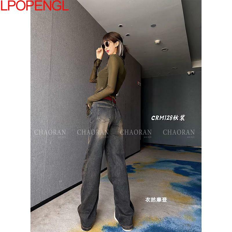 Jeans de cintura alta com bolsos para mulheres, calça reta vintage, streetwear solto com botão, perna larga e bordada, novo para o outono