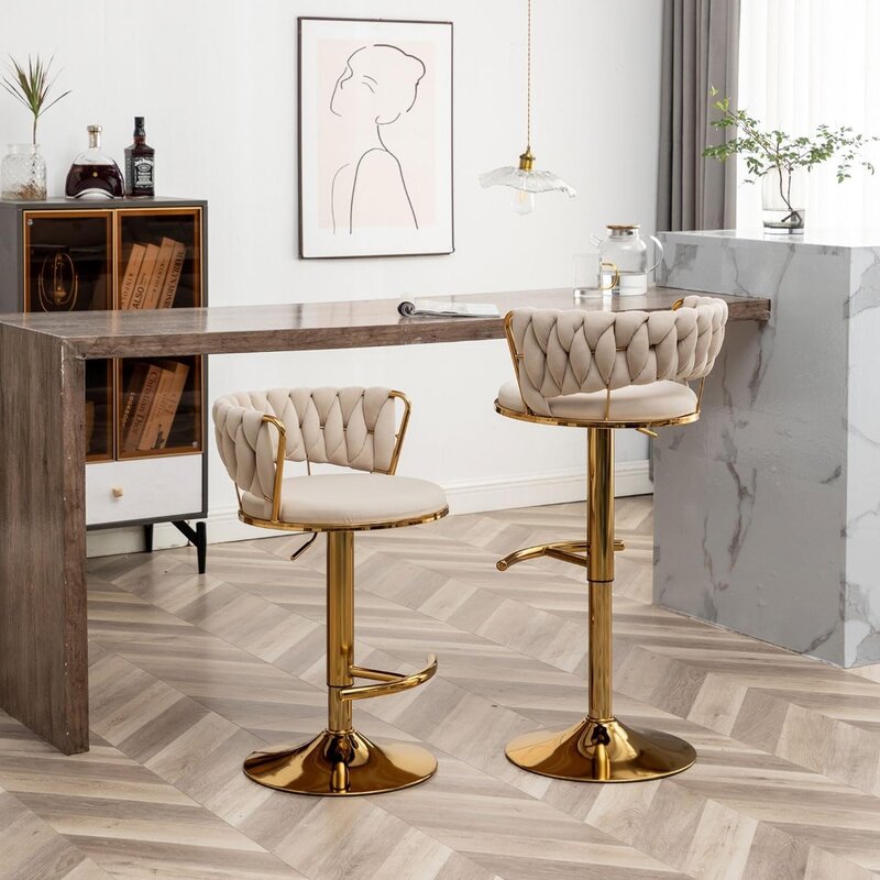 Velvet Bar Stools Set of 2, Counter Height Bar Stools with Low Back, Gold Swivel Stool for Kitchen Island, Bar Pub