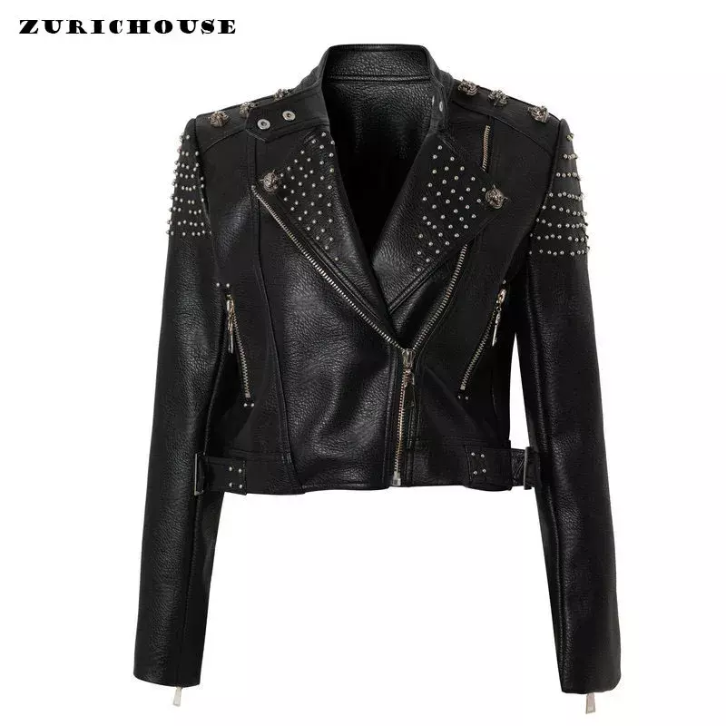 Куртка женская укороченная с шипами в стиле стимпанк, уличная одежда из искусственной кожи с контрастным принтом тигра, мотоциклетная куртка, черный цвет, 2024