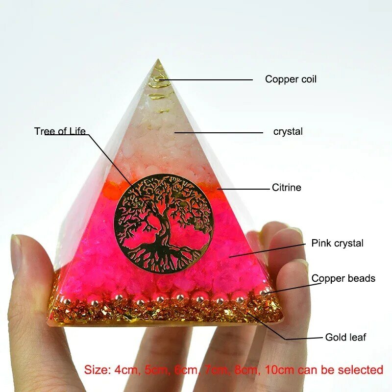 Anahata-piramidal de resina para decoración, adornos de cristal de árbol de la vida, artesanías de cristal en polvo Natural, Chakra, Lucas, orgonita