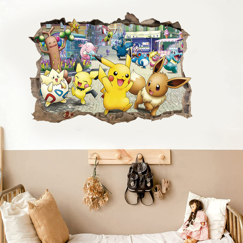 어린이 방용 만화 피카츄 벽 스티커, 유치원 거실 침실 DIY 벽 장식, 애니메이션 포스터, 침실 장식