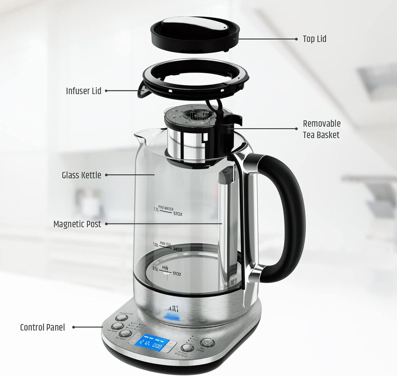 Tea Maker 1.7L con infusore automatico per la preparazione del tè, bollitore in vetro in acciaio inossidabile, preimpostazioni per 5 tipi di tè e 3 forza di fermentazione