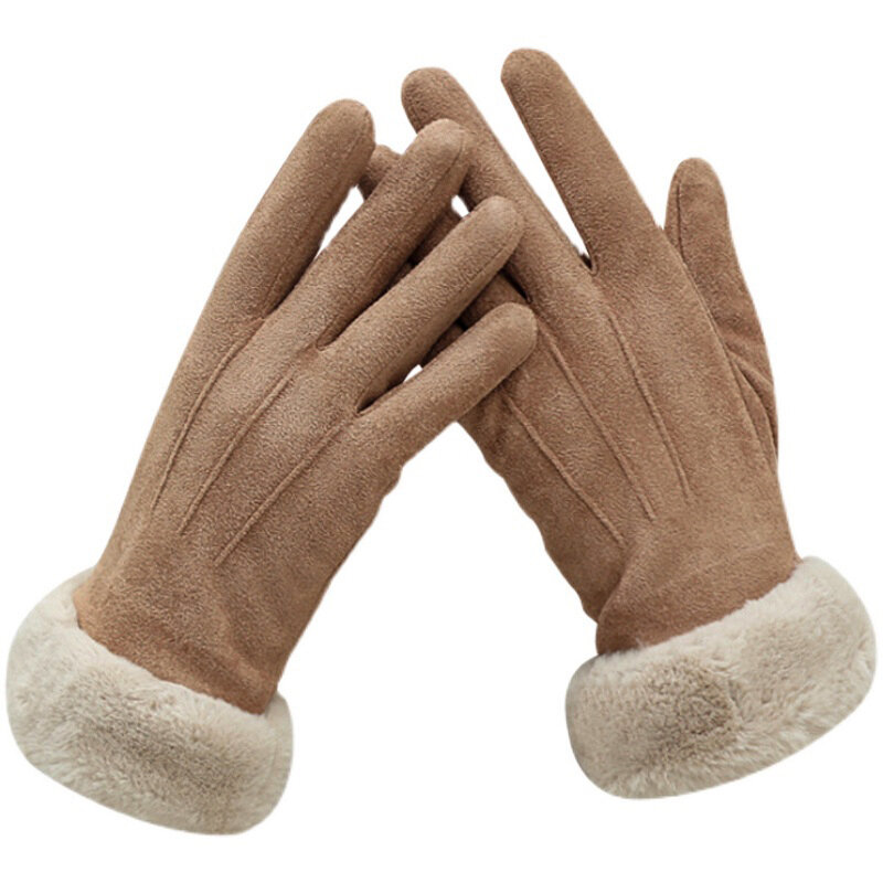 Zimowe damskie ciepłe, kaszmirowe zamszowe skórzane rękawiczki rowerowe podwójnie gruba aksamitny pluszowy nadgarstek damski ekran dotykowy rękawiczki do jazdy