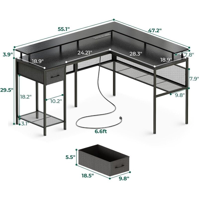 L geformter Schreibtisch-Gaming-Schreibtisch mit LED-Leuchten und Steckdosen, Computer tisch mit Ablage fächern