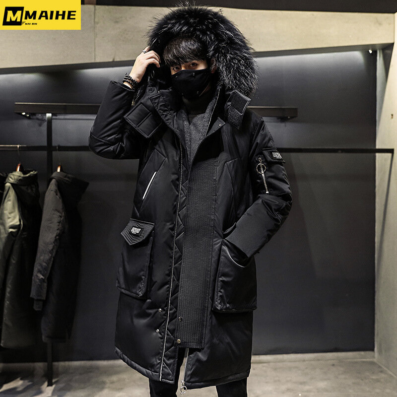 2023 inverno nuovi uomini coreani Parka addensare sopra il ginocchio lungo piumino maschile alla moda cappotto collo di pelliccia Streetwear