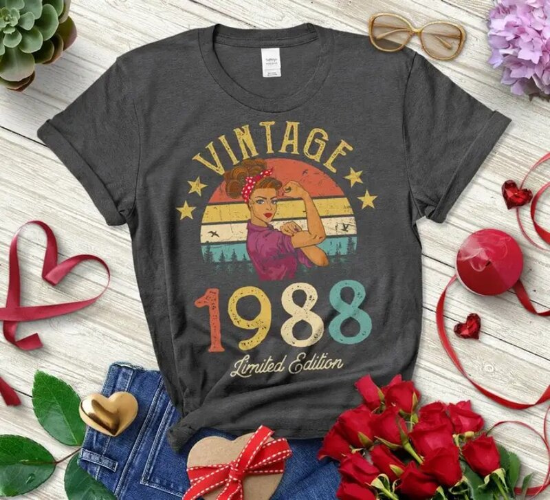 Damski bawełniany t-shirt Vintage 1988 limitowana edycja Retro trójnik żeński śmieszne 34 urodziny odzież w stylu Harajuku wysokiej jakości topy