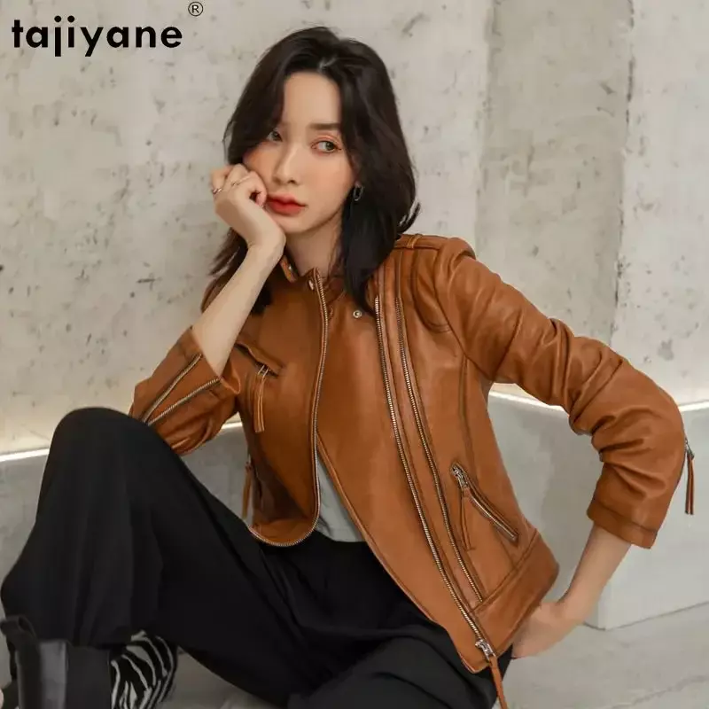 Fujiyane jaket kulit asli untuk wanita, jaket kulit jalanan tinggi ramping 2023, mantel kulit domba asli pendek, pakaian jalanan Korea SGG