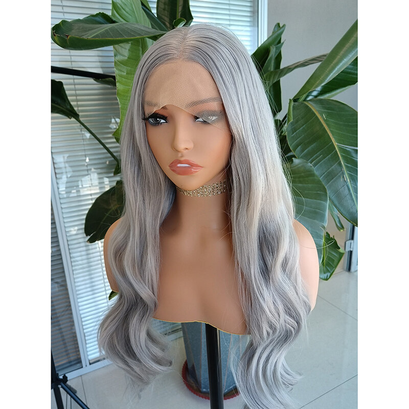 Diniwigs Grey Long Natural Wave Synthetic Lace Front Wig Heat Resistant Fiber Hair Gray Wavy Synthetic Wig Daily Use Cosplay Wig