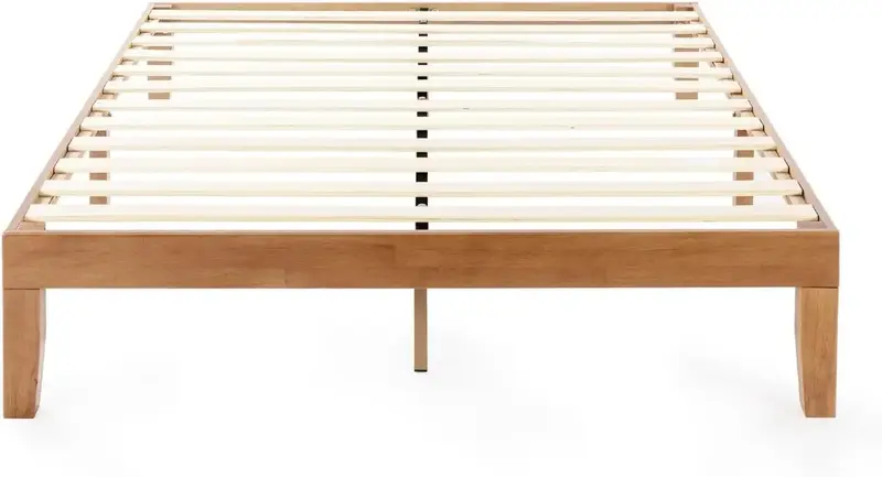 Marco de cama de plataforma de madera maciza clásica, tamaño Queen, 12 ", con listones de madera (No necesita resorte de caja), Natural