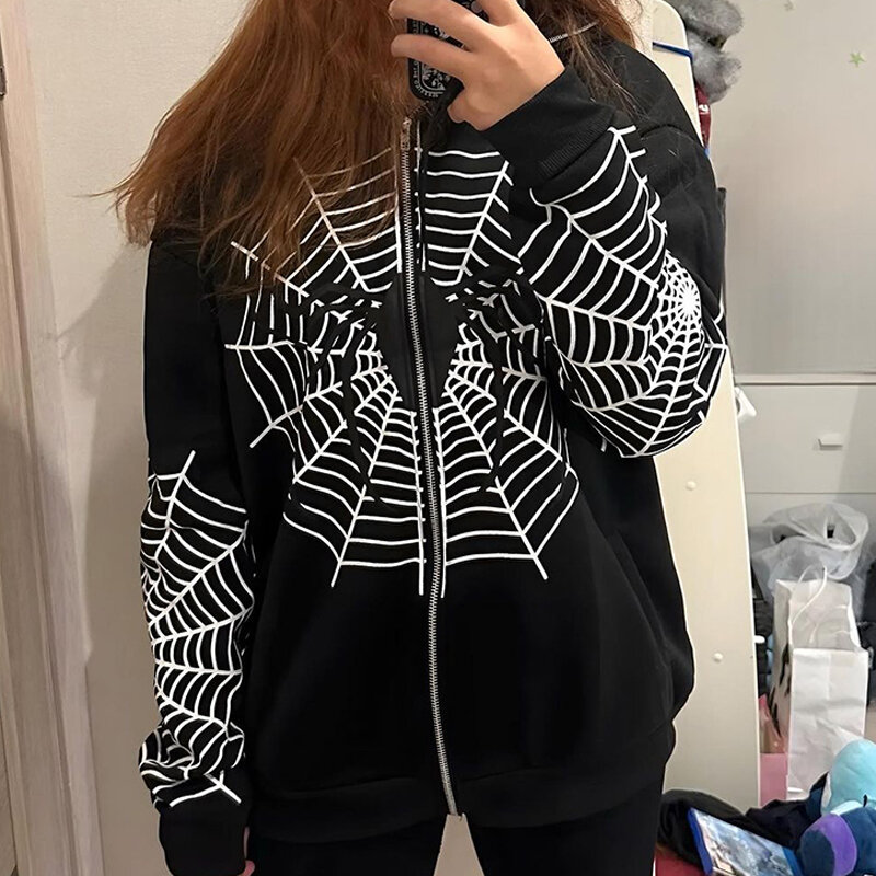 Y 2K Strass Skelet Hoodies Vrouwen Gothic Zwarte Rits Up Oversized Sweatshirts Vrouwelijke Retro Harajuku Capuchon Jassen Streetwear