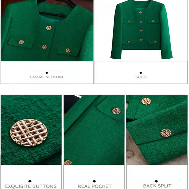 Koreański zielony przycięte tweedowe kurtki wiosna kobiety w stylu Vintage klasyczne wąskie płaszcze pojedyncze piersi elegancka odzież wierzchnia Oversize 3xl Chaqueta