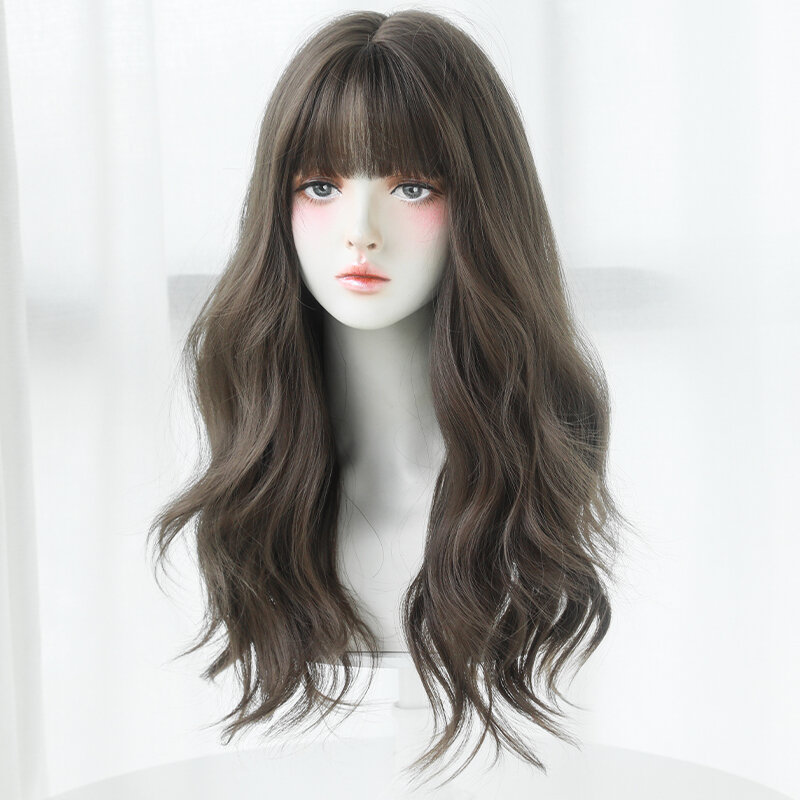 7JHH-Peluca de cabello sintético ondulado para mujer, cabellera artificial de alta densidad con flequillo limpio, color marrón, ideal para uso diario