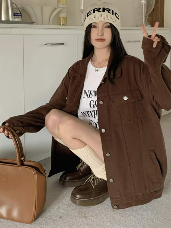 Jaket Denim cokelat Retro untuk siswa perempuan musim semi dan musim gugur 2024 pakaian kerja kecil kasual atasan mantel Jeans Vintage K1023
