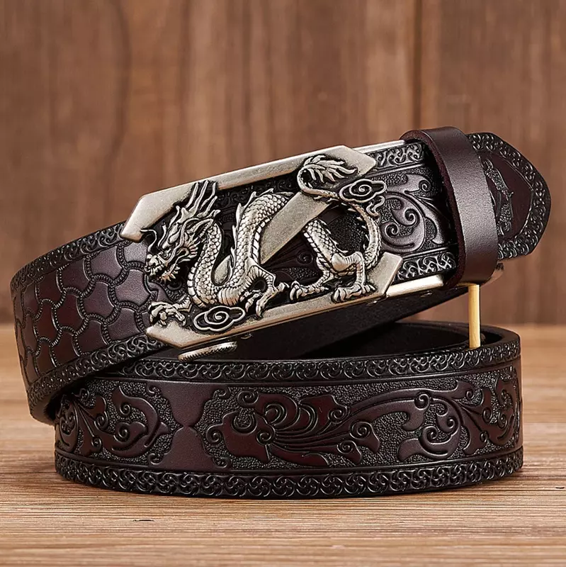 Cinturón de cuero genuino para hombre, correa de cuero de vaca con estampado de dragón, hebilla automática, 3,5 cm