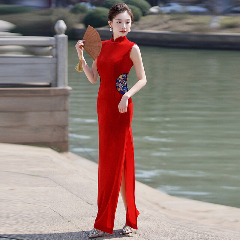 Cheongsam de veludo alto vintage, Vestido de noite tradicional chinês de baile, Colarinho mandarim retrô, Vestido Qipao