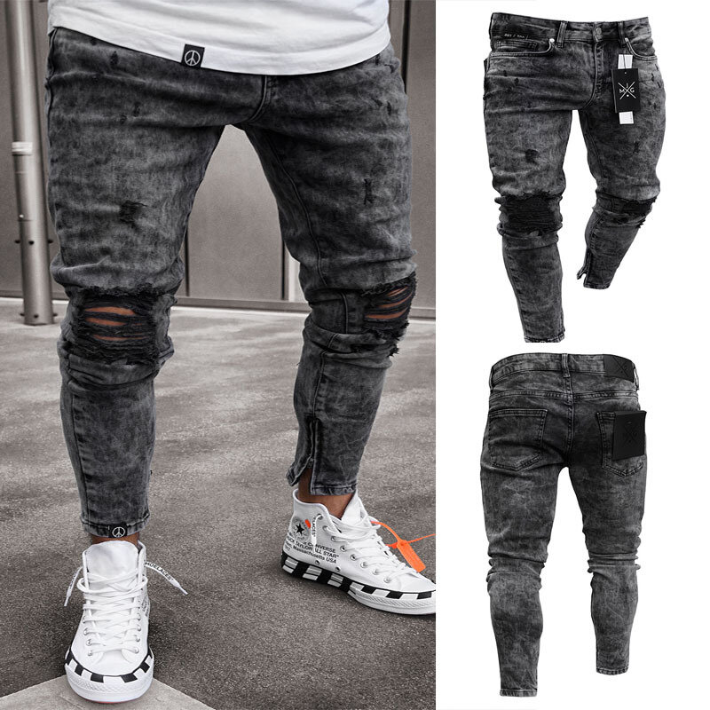 Джинсы мужские потертые в стиле хип-хоп, байкерские рваные джинсы на молнии, облегающие брюки из денима с дырками в стиле панк, однотонные