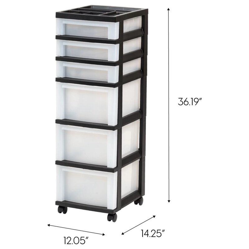 6-Drawer Plastic Storage Cart with Organizer Top and Wheels, Clear/Black