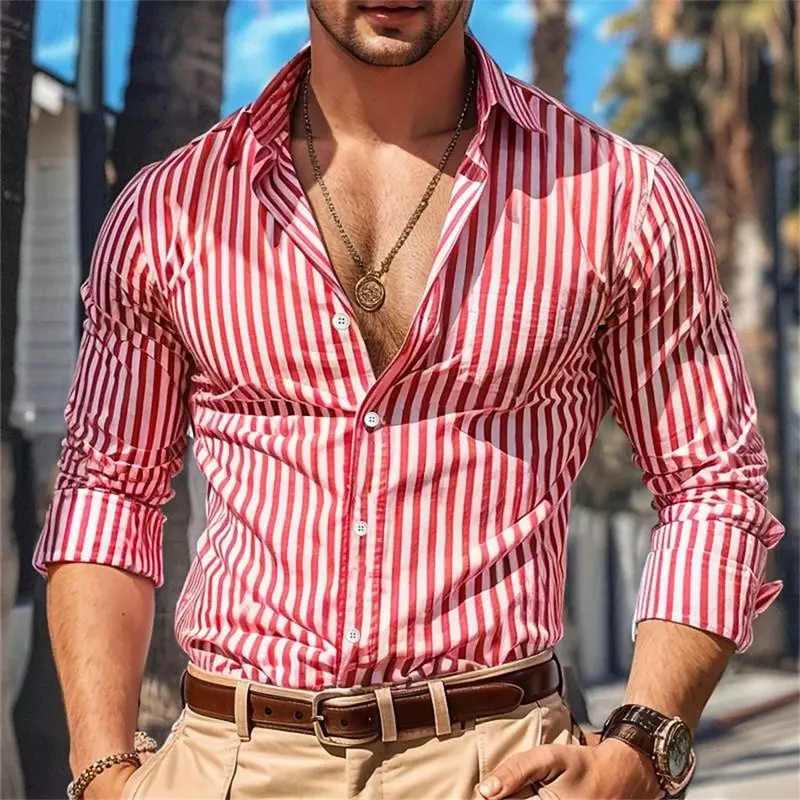 Summer casual shirt, black and red long sleeved striped lapel, daily vacation clothing, fashionable, casual and comfortable