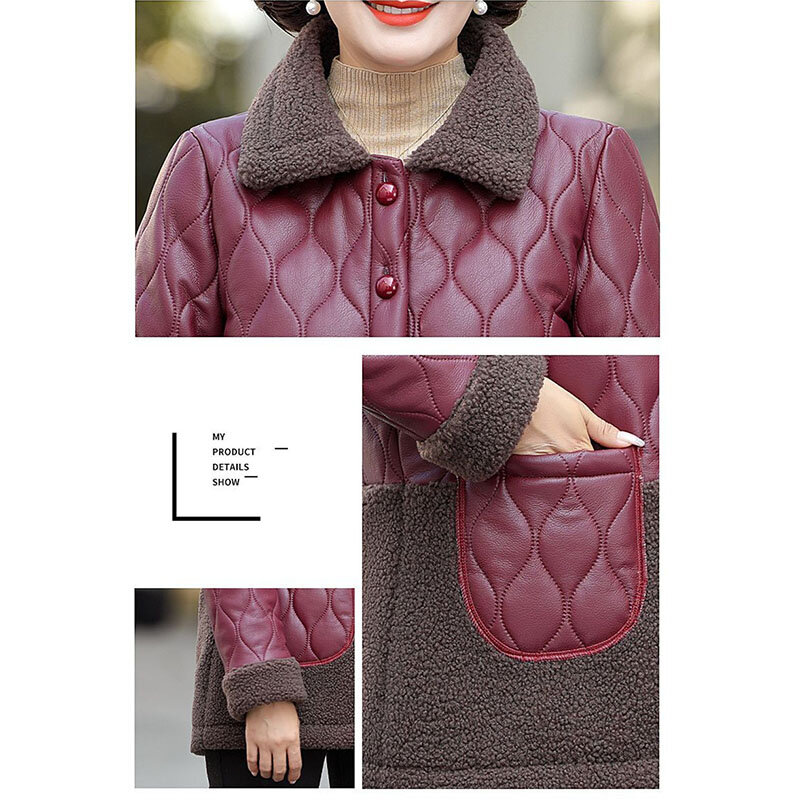 Middle-Aged Mother Winter Clothes Plus Velvet PU Leather Stitching Coat Women's New Fashion Jacket Granular Velvet Warm Coat