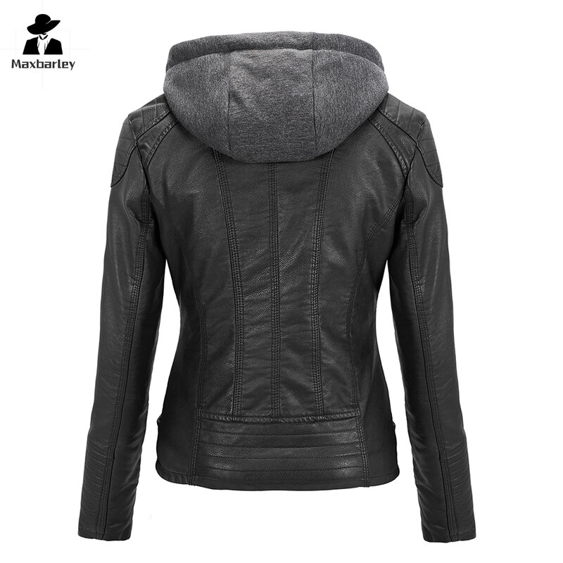 Jaqueta de couro sintético vintage feminina, justa, casaco de PU destacável, zíper inclinada na moda, jaqueta de motocicleta, nova, outono