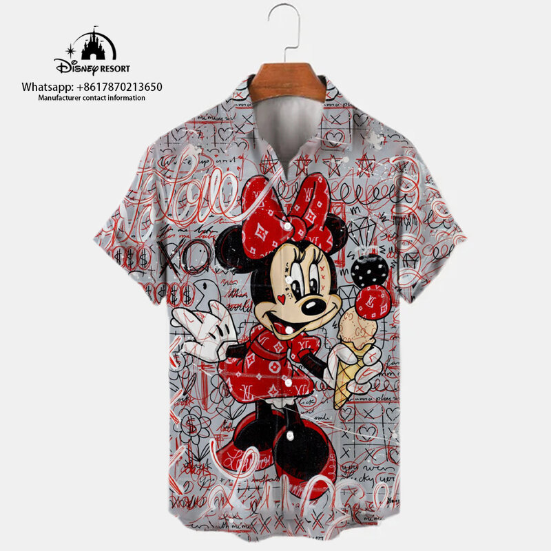 Fashion Harajuku Street Style 2024 New 3D Lapel Short Sleeve Single Breasted Shirt Mickey Pattern Print Casual Shirt Y2K