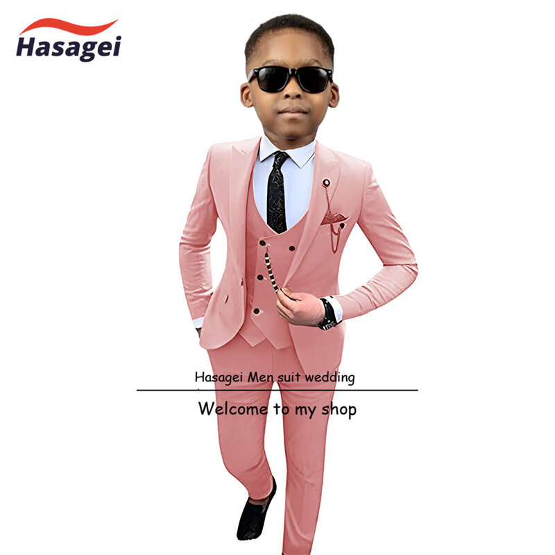 Fashion Kids Suit 3-Piece Suit Formal Boys Wedding Tuxedo Slim Fit Design Teen Stage Outfit 2-16 Years Old Customized Blazer