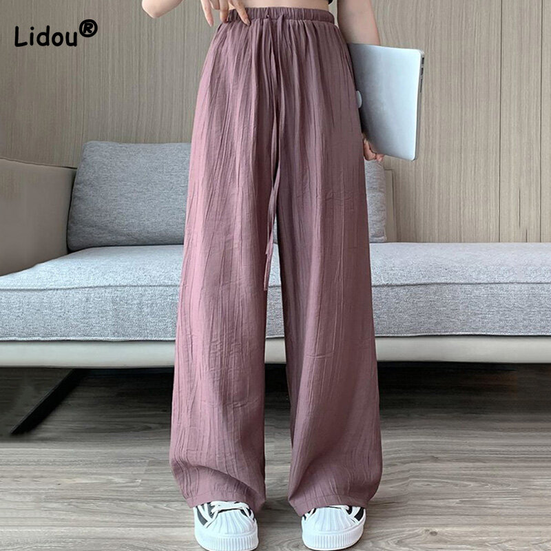 Trendy Pleated Ice Silk Wide Leg Pants for Women Summer Thin Casual Drawstring High Waisted Drape Loose Straight Trousers