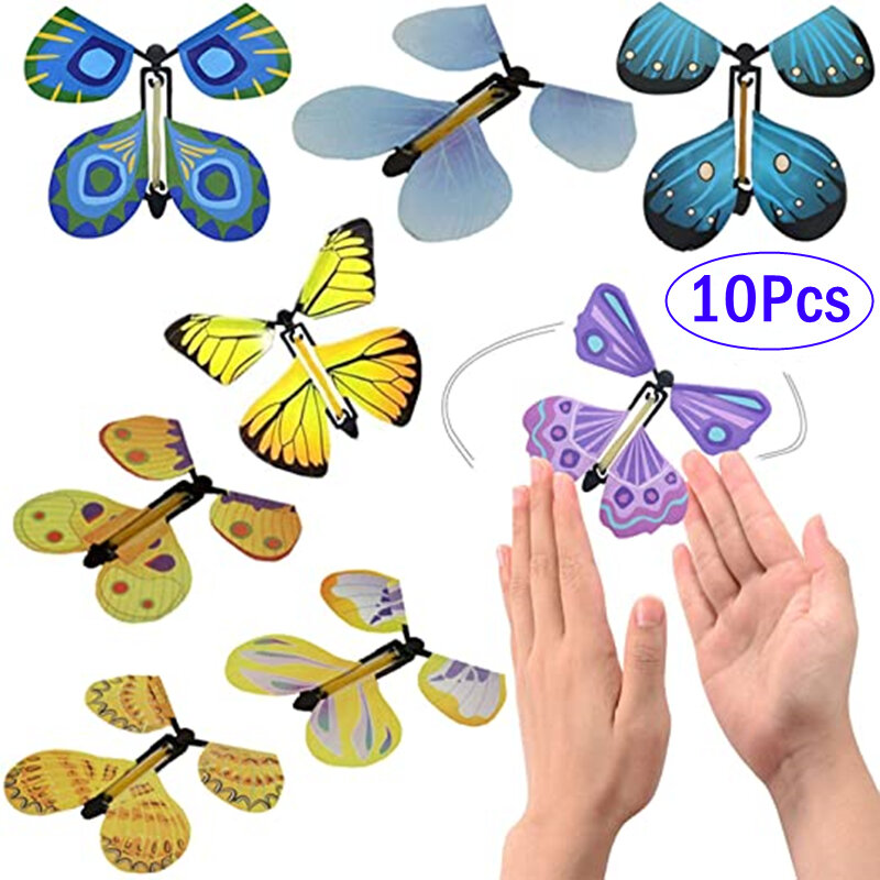 1-10Pcs Magic Wind Up Vliegende Vlinder In De Boek Rubberen Band Aangedreven Magic Fairy Flying Toy Grote surpris Gift Party Favor