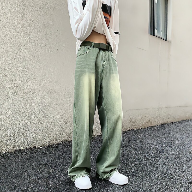 Calças jeans femininas de perna larga, jeans verde vintage, estilo coreano vibe, streetwear Y2K, calças largas de cintura alta, moda verão