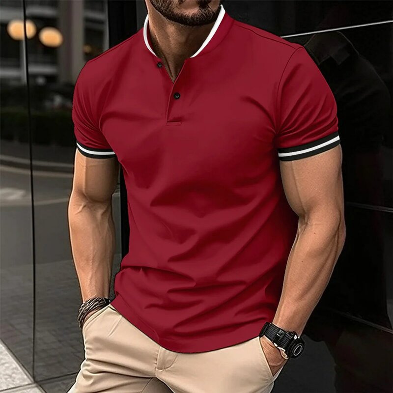 Kaus Polo pria lengan pendek, pakaian kantor kaus kerah berdiri kasual pria musim panas