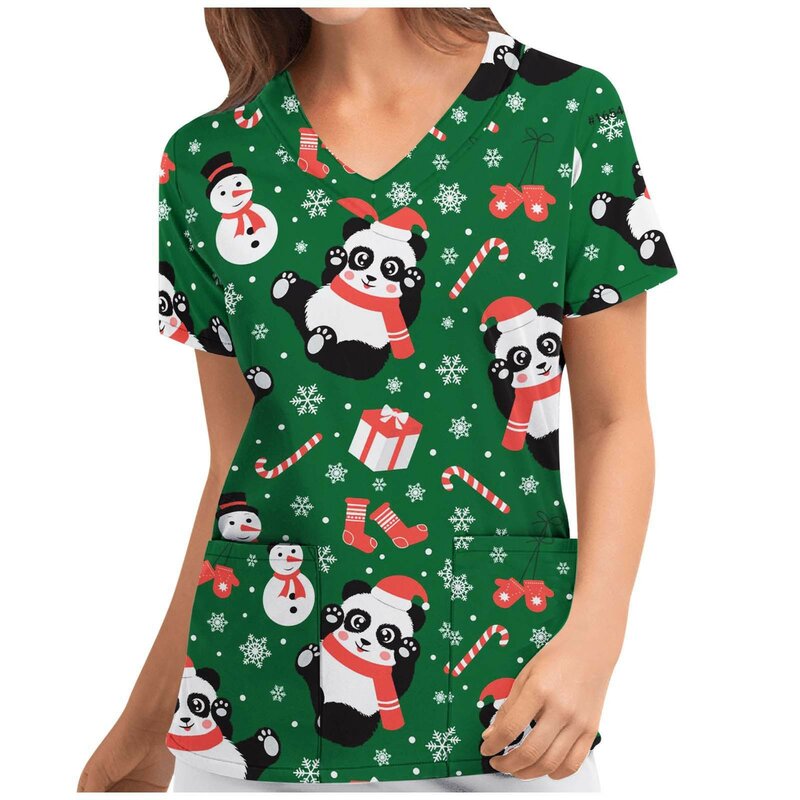 Women Fashion Merry Christmas Print Short Sleeve V-neck Tops Working Uniform Blouse Shirt Beauty Salon Medical Clinic Workwear