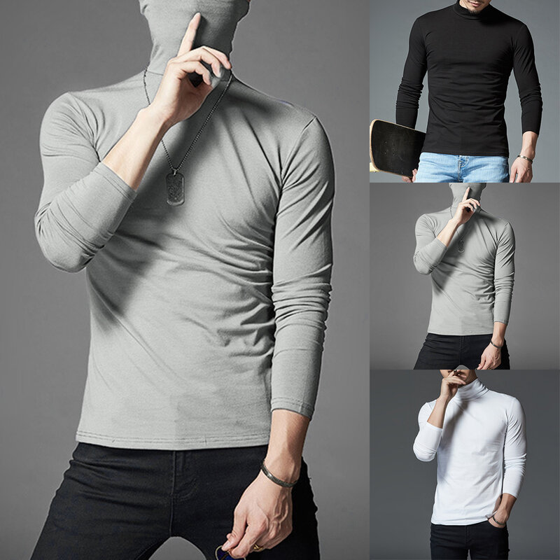 Fashion Classic Men's Casual Slim Turtleneck Long Sleeve Tops Pullover T-Shirt Solid Color Thin Underlay Fitness Base T-shirt