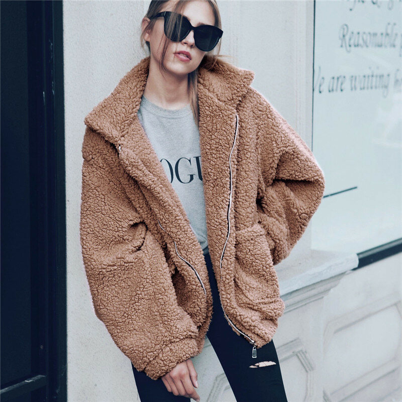 여성용 캐주얼 인조 모피 코트, 두껍고 따뜻한 부드러운 양모, 포켓 지퍼 테디 코트, 2023 겨울 패션